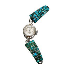 Vtg Native American Navajo Made Turquoise Corn Inlay Watch Tips Bracelet - READ